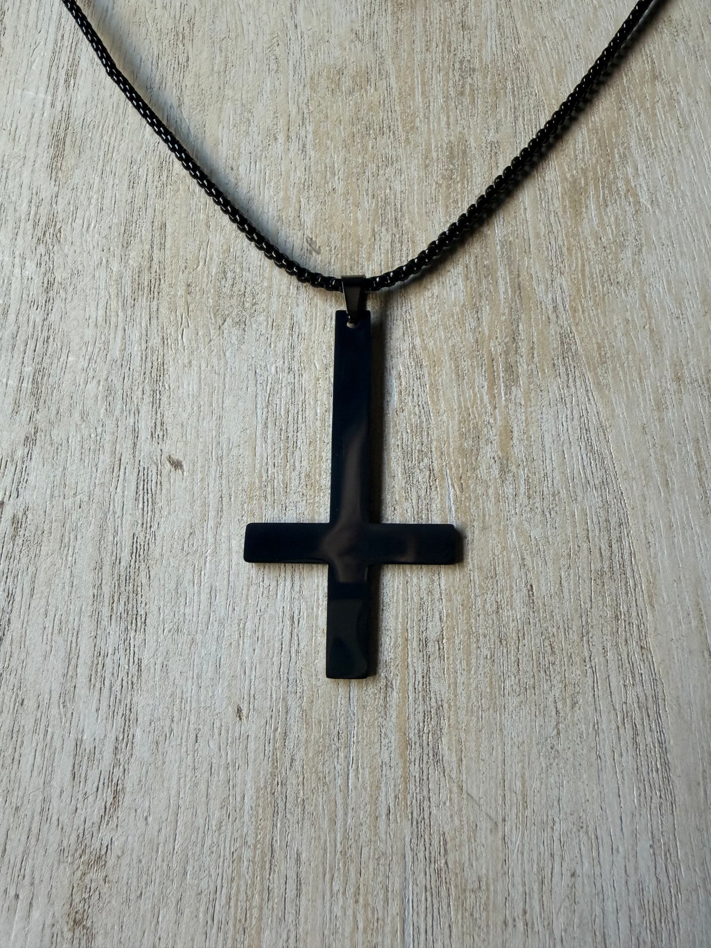 Simple Stainless Steel Inverted Cross Pendant Necklace — Shiny Black Finish