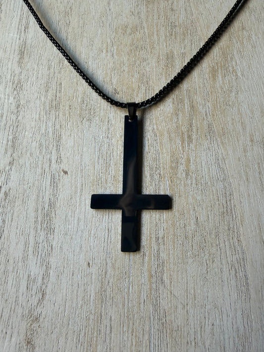 Simple Stainless Steel Inverted Cross Pendant Necklace — Shiny Black Finish