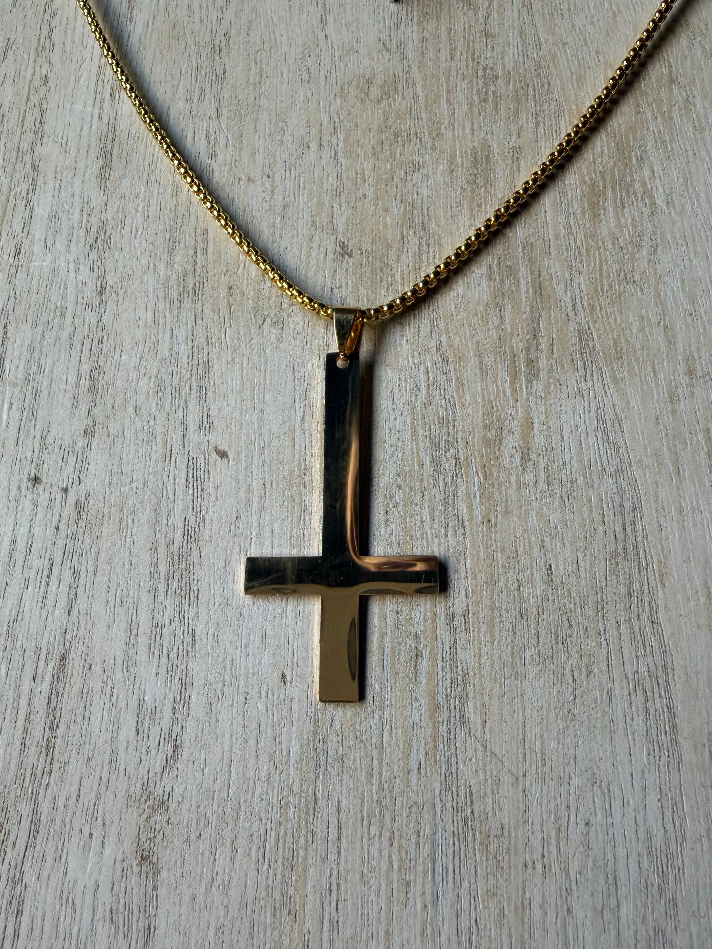 Simple Stainless Steel Inverted Cross Pendant Necklace — Gold Finish