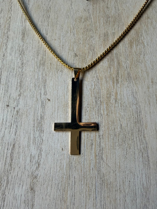 Simple Stainless Steel Inverted Cross Pendant Necklace — Gold Finish