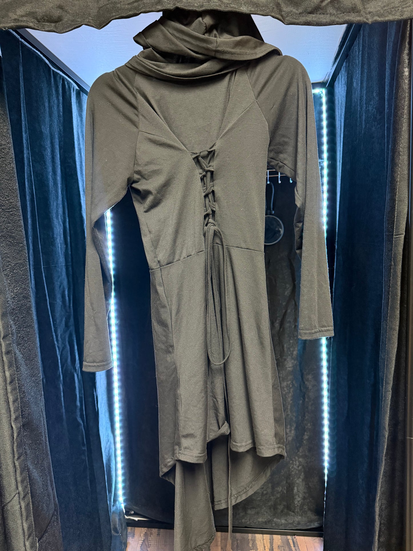 Long Black Gothic Corset Style Dress-With Hood- Size Large