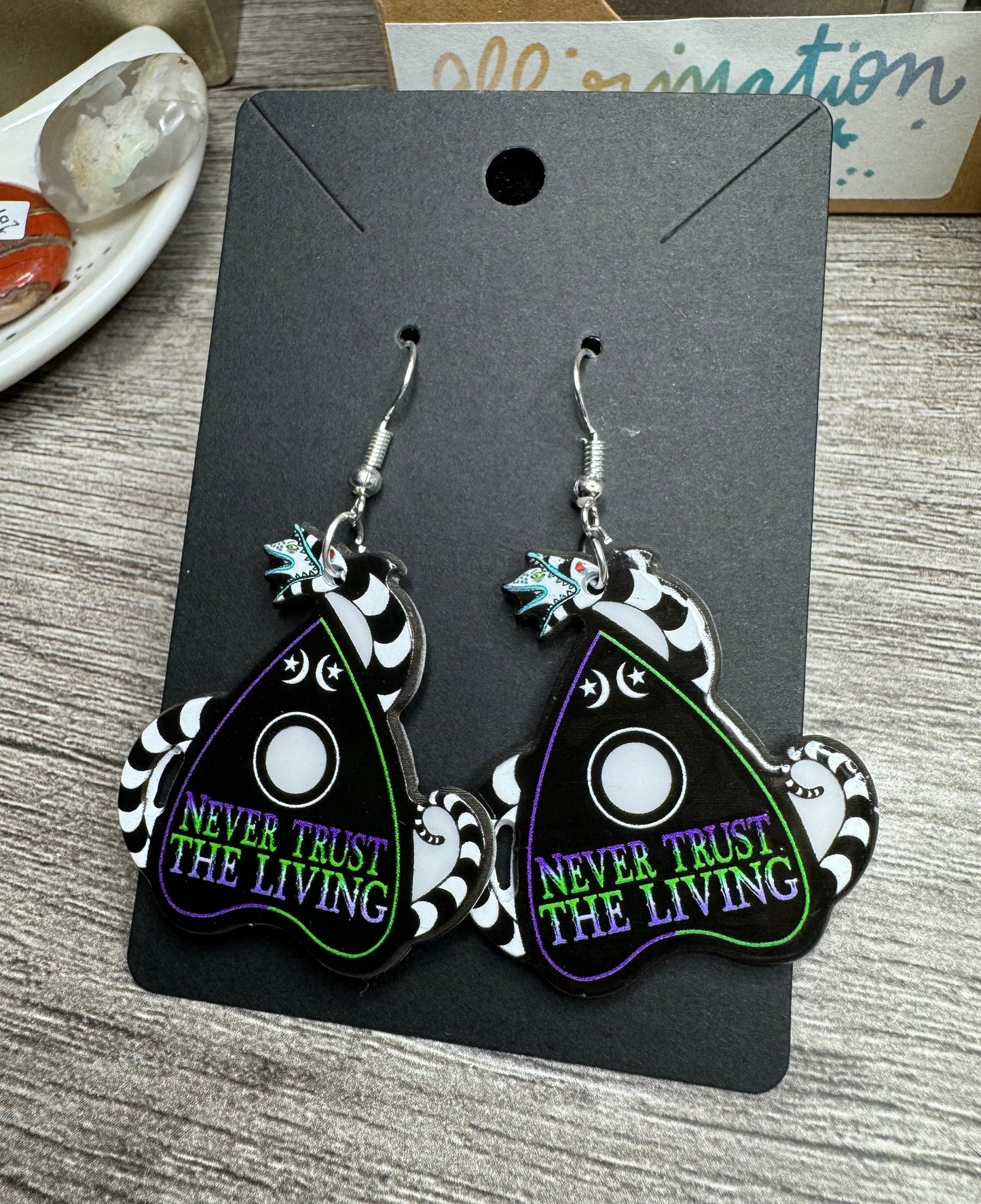 Never Trust the Living Planchette Beetlejuice Double-Sided Earrings