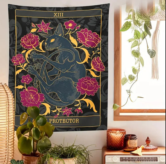 Psychedelic Black Cat "The Protector" Tarot Tapestry — 38.4 x 28.7