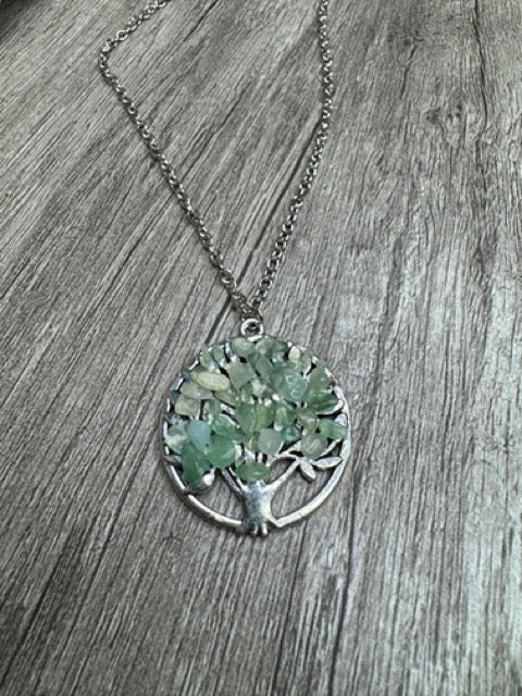 Long Silver Tree of Life Necklace — Seafoam Green