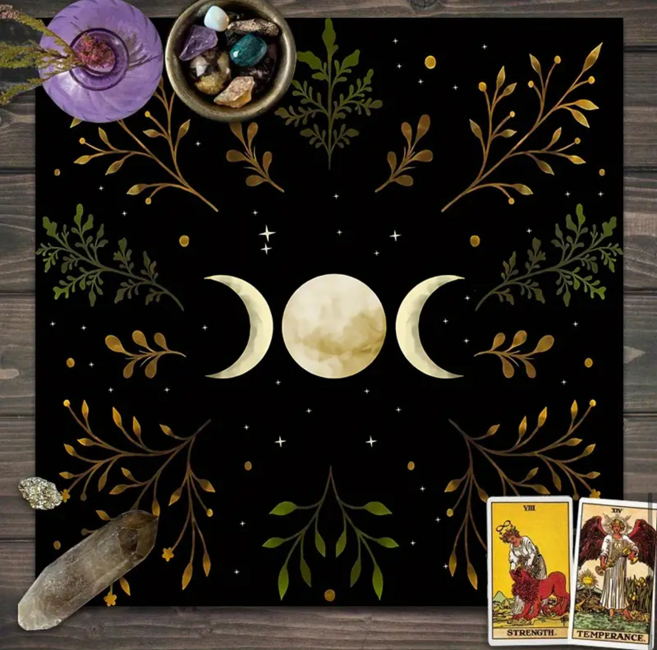 Olive Leaf Triple Moon Altar Cloth — 29.5 x 29.5 inches