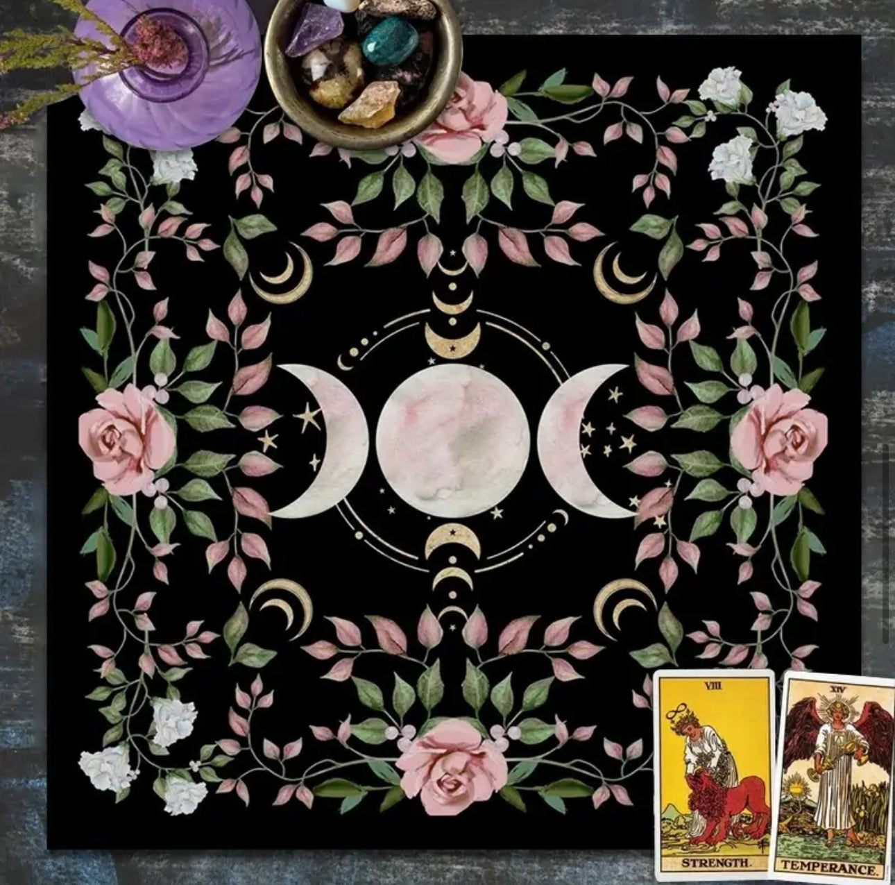 Pink Rose Triple Moon Altar Cloth — 29.5 x 29.5 inches