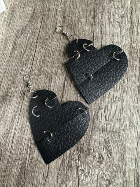 Black Reconstructed Heart Leatherette Earrings