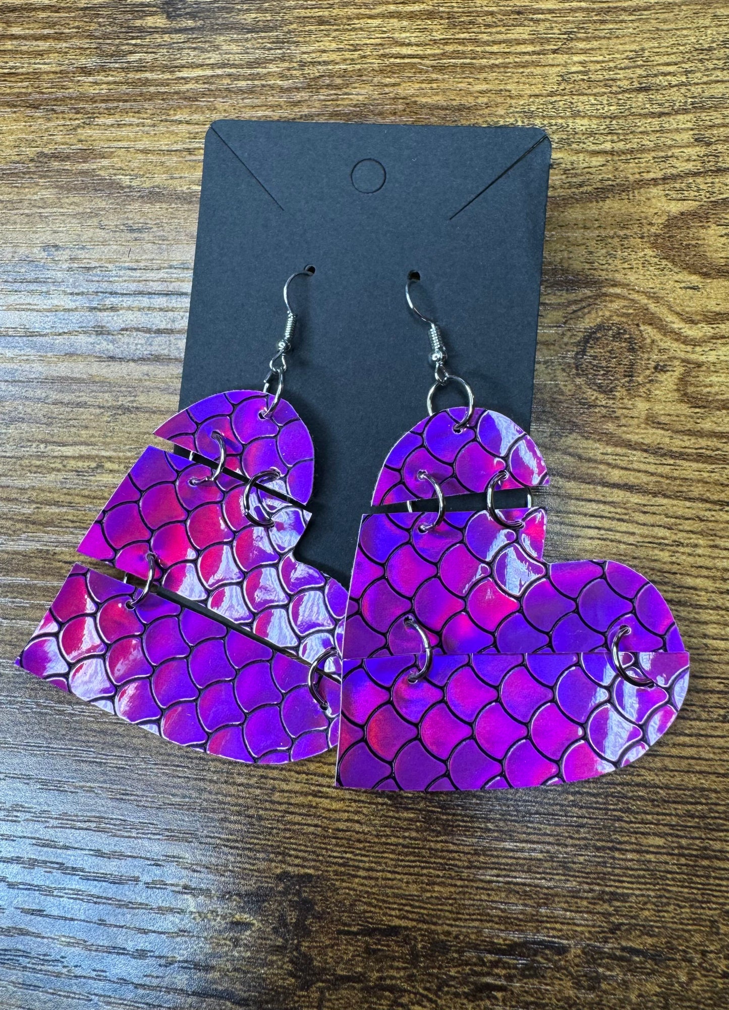 Pink Mermaid Scale Reconstructed Heart Leatherette Earrings