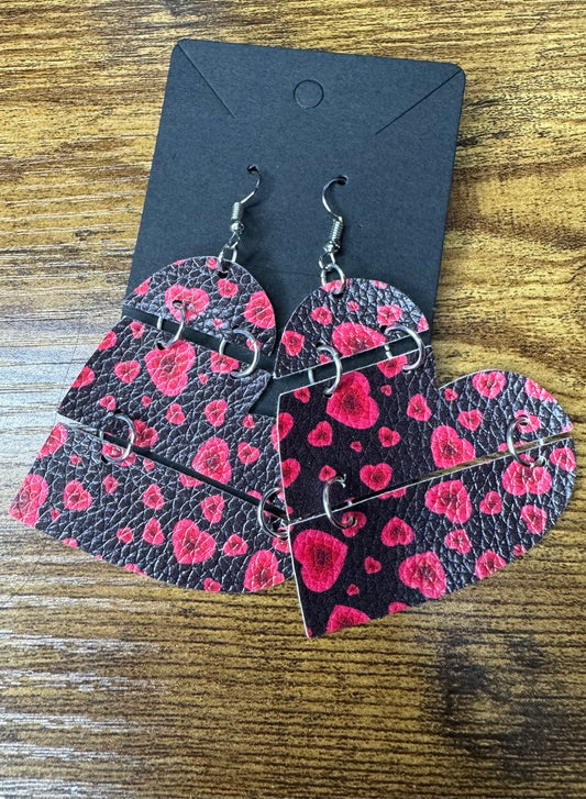 Reconstructed Black with Red Heart Earrings