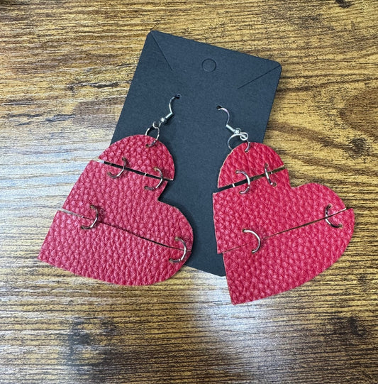 Reconstructed Red Heart Leatherette Earrings