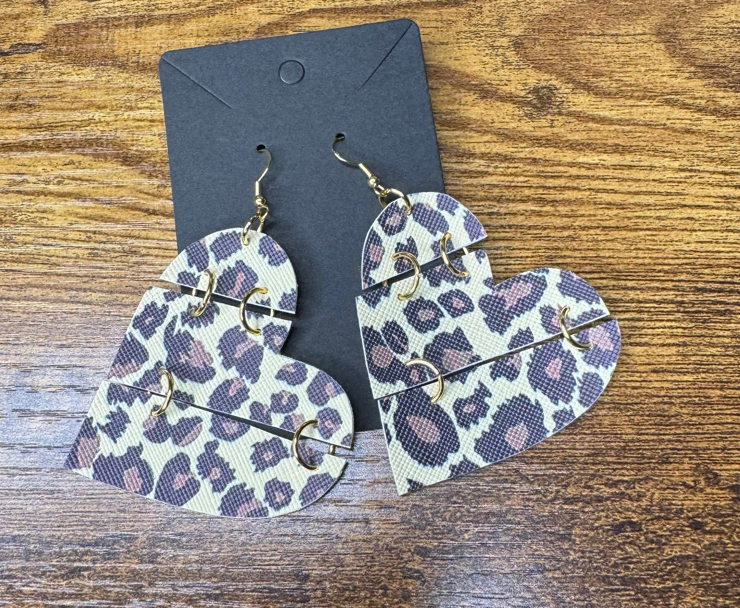 Reconstructed Leopard Print Heart Earrings