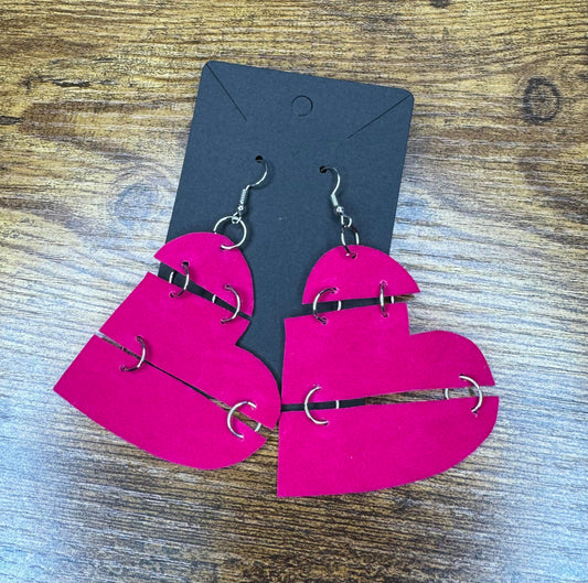 Reconstructed Hot Pink Velvet Heart Leatherette Earrings