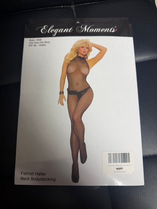 Elegant Moments- Fishnet Halter Neck Bodystocking- Black