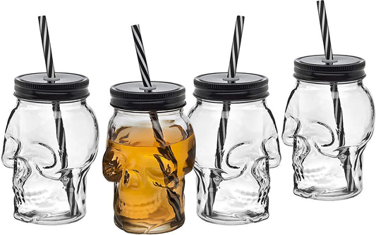 Glass Skull Mason Jar with Straw and Lid — 16 oz