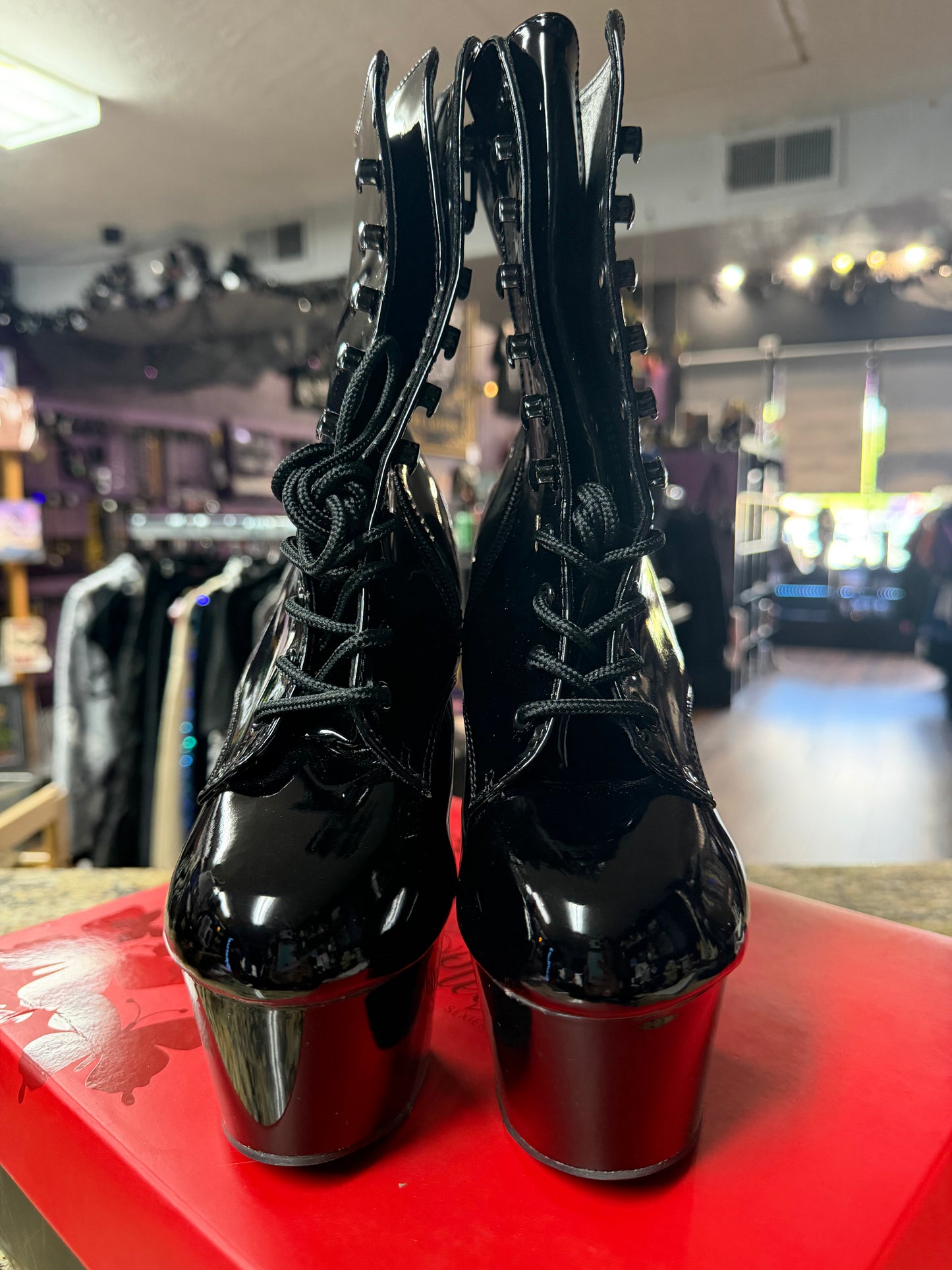 Pleaser-Black Patent -1020 Stiletto Boots- Size 6
