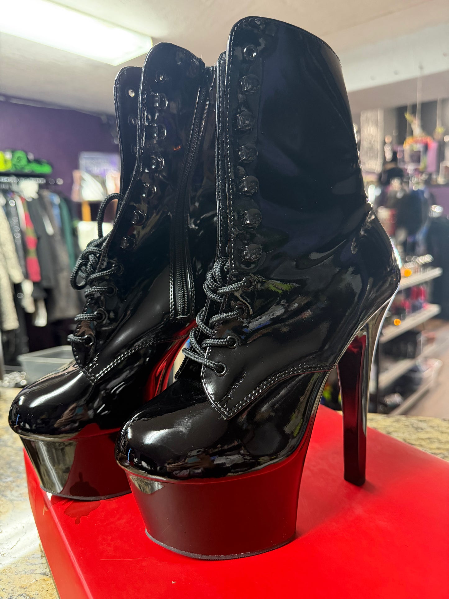 Pleaser-Black Patent -1020 Stiletto Boots- Size 6