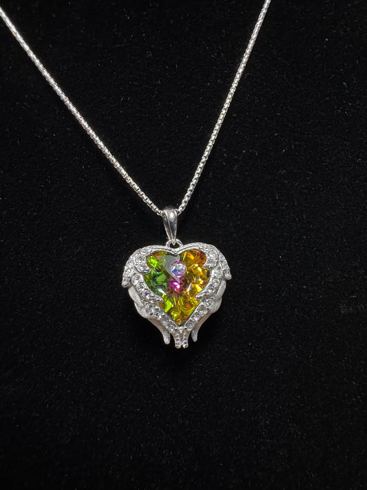 Oil Spill Stone Wing Heart Necklace- S925