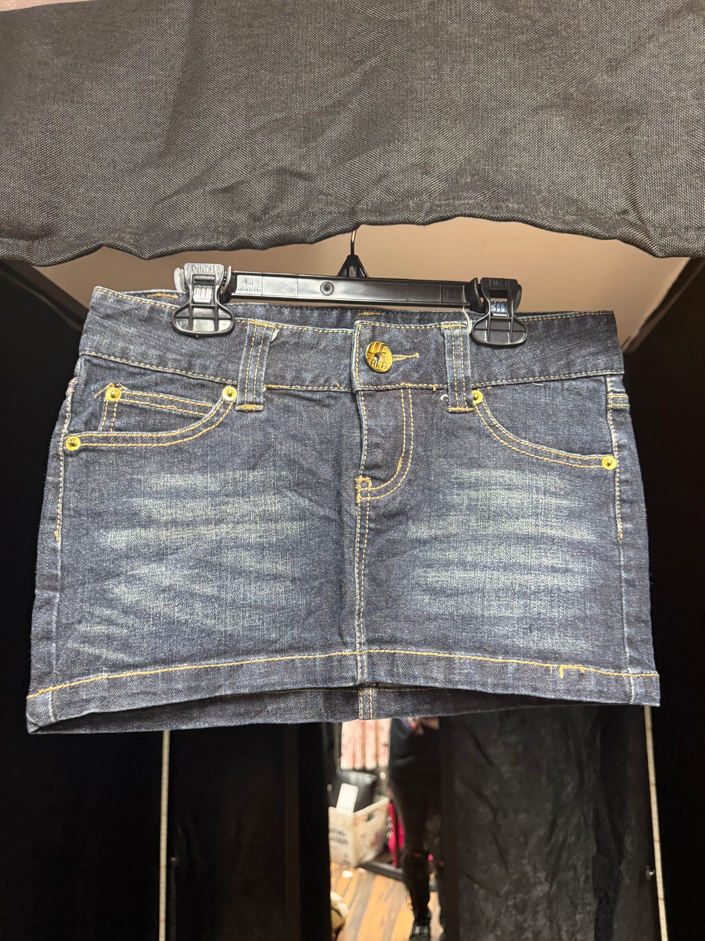 Y2K Upper Freak Low-Rise Denim Mini Skirt – Faded Wash / Contrast Stitch- Size Small