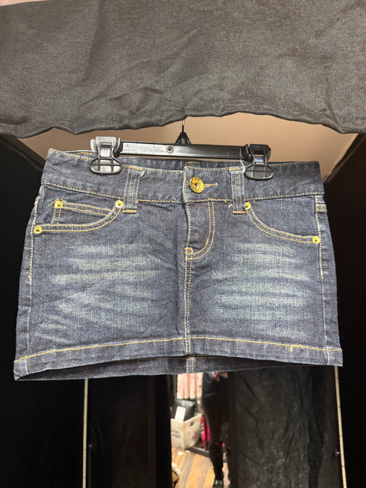 Y2K Upper Freak Low-Rise Denim Mini Skirt – Faded Wash / Contrast Stitch- Size Small
