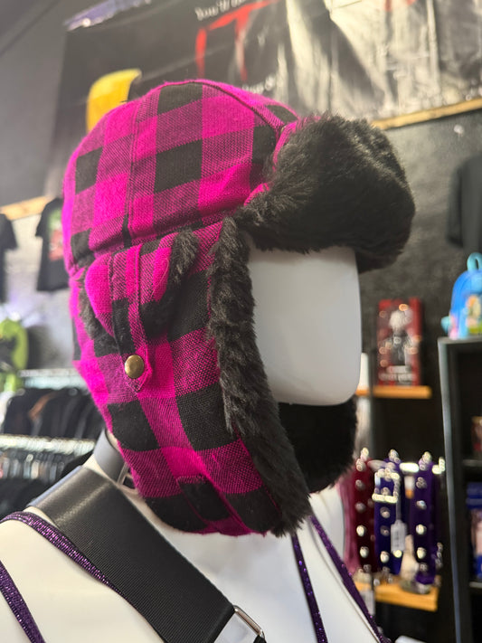Hot Pink Buffalo Plaid Trapper Hat – Faux Fur Lined / Alt Wintercore