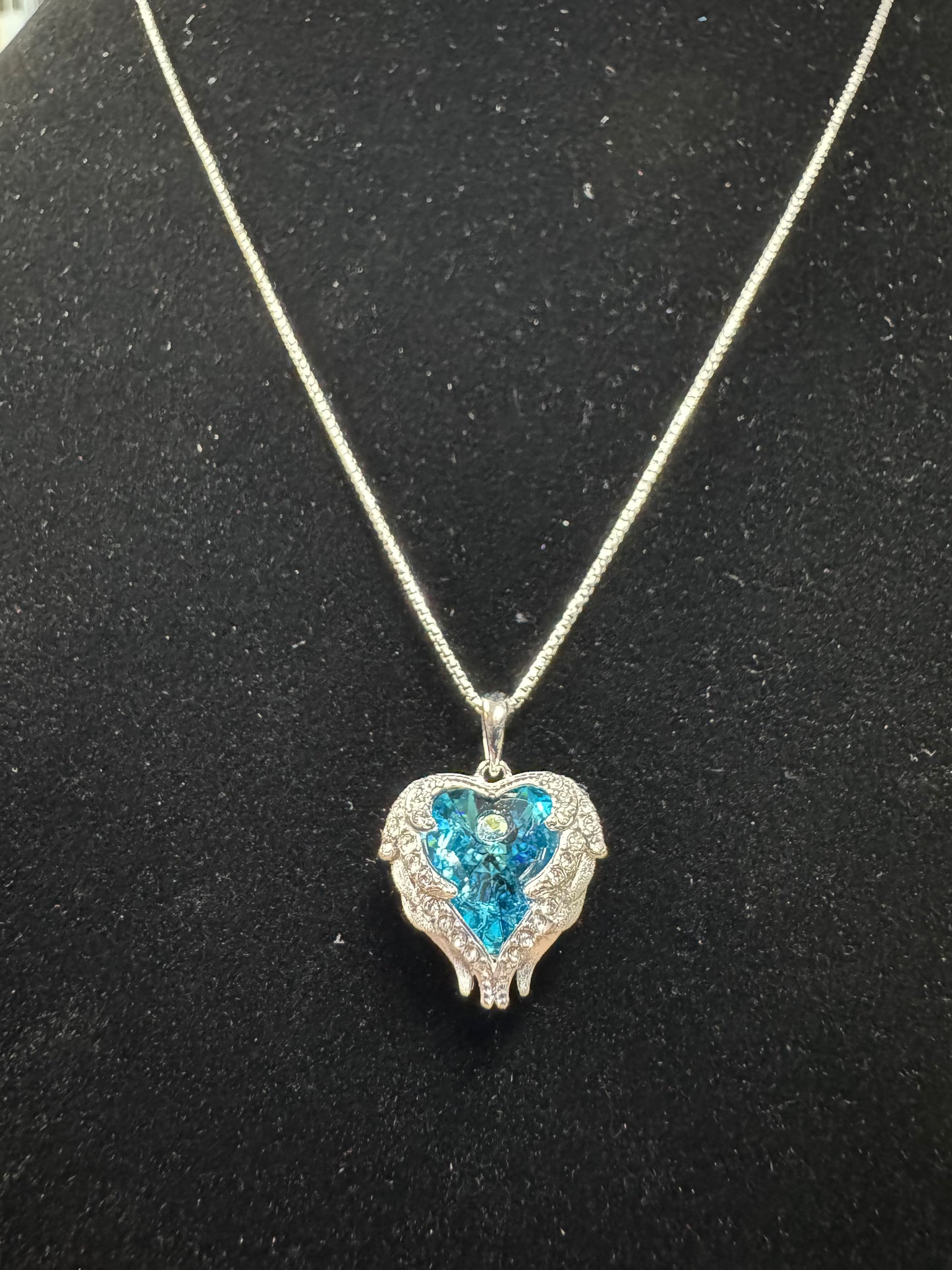 Blue Crystal Stone Wing Heart Necklace- S925