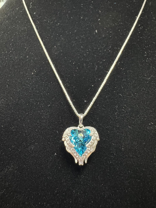 Blue Crystal Stone Wing Heart Necklace- S925