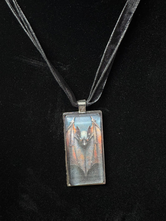 Bat Cabochon Pendant Necklace-Black Ribbon