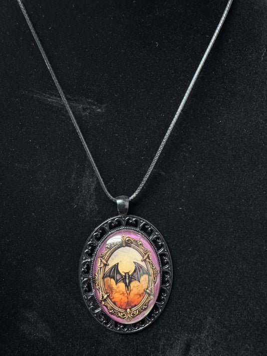 Framed Bat Cabochon Pendant Necklace