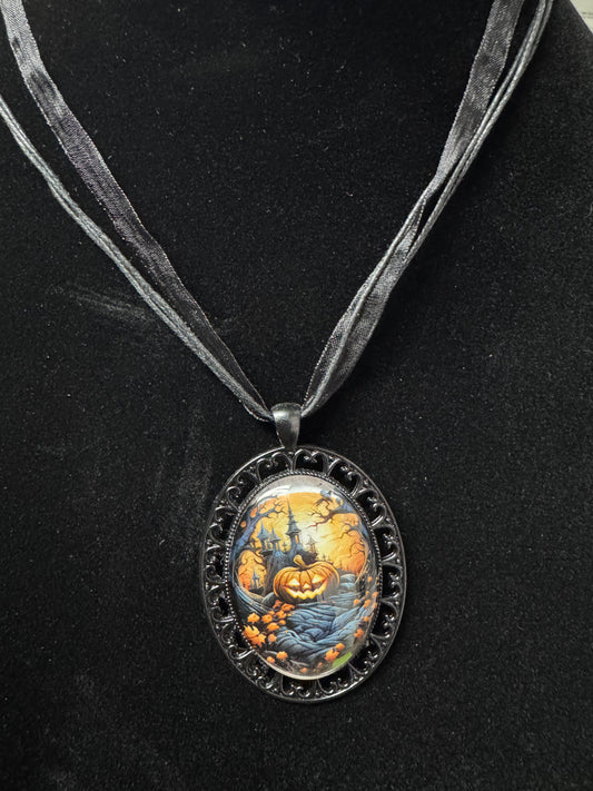 Framed Pumpkin Scene Cabochon Pendant Ribbon Necklace