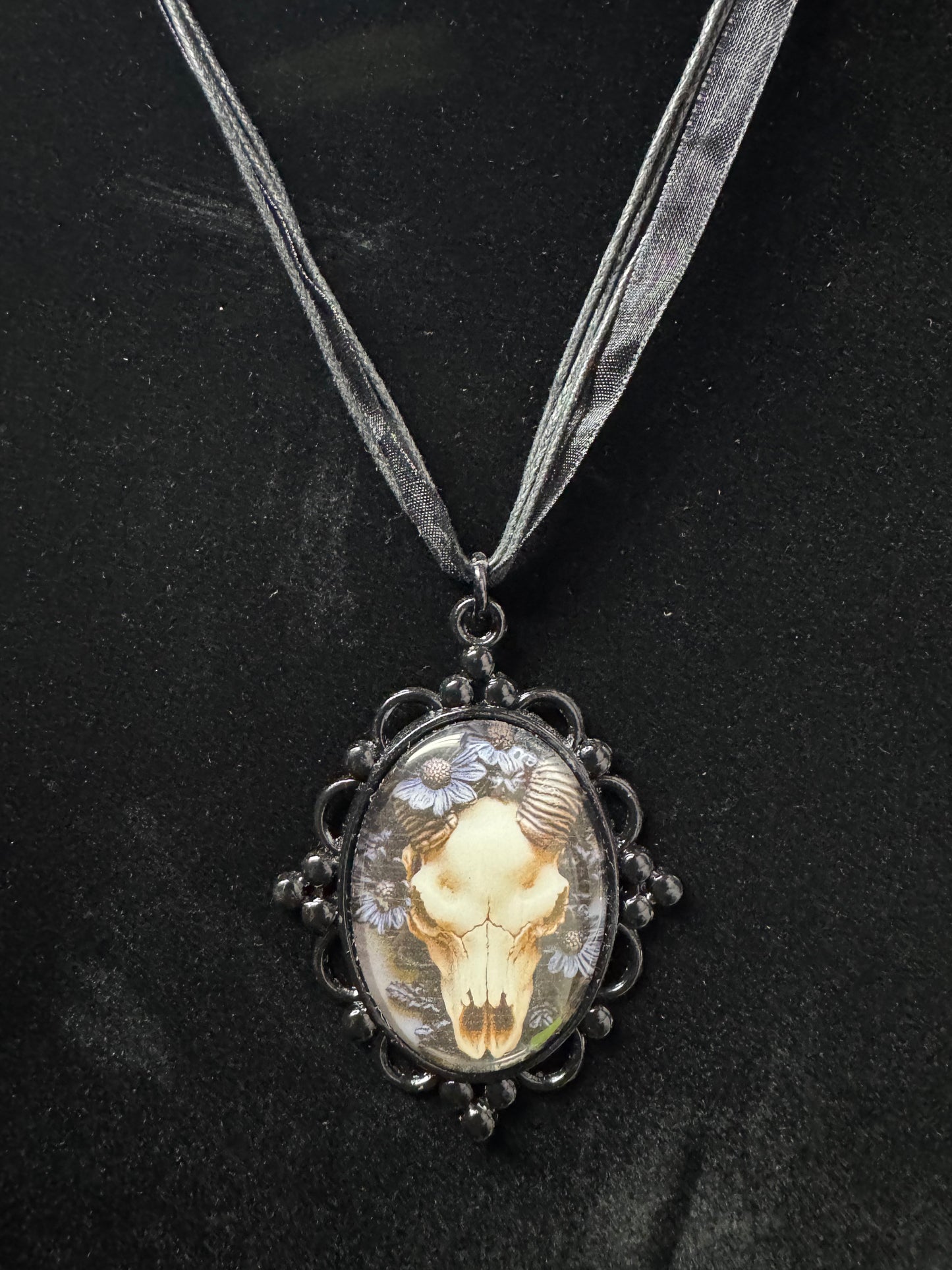 Framed Skull Cabochon Pendant Ribbon Necklace