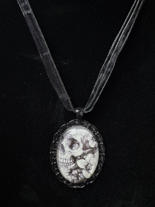 Framed B&W Skull Cabochon Pendant Ribbon Necklace