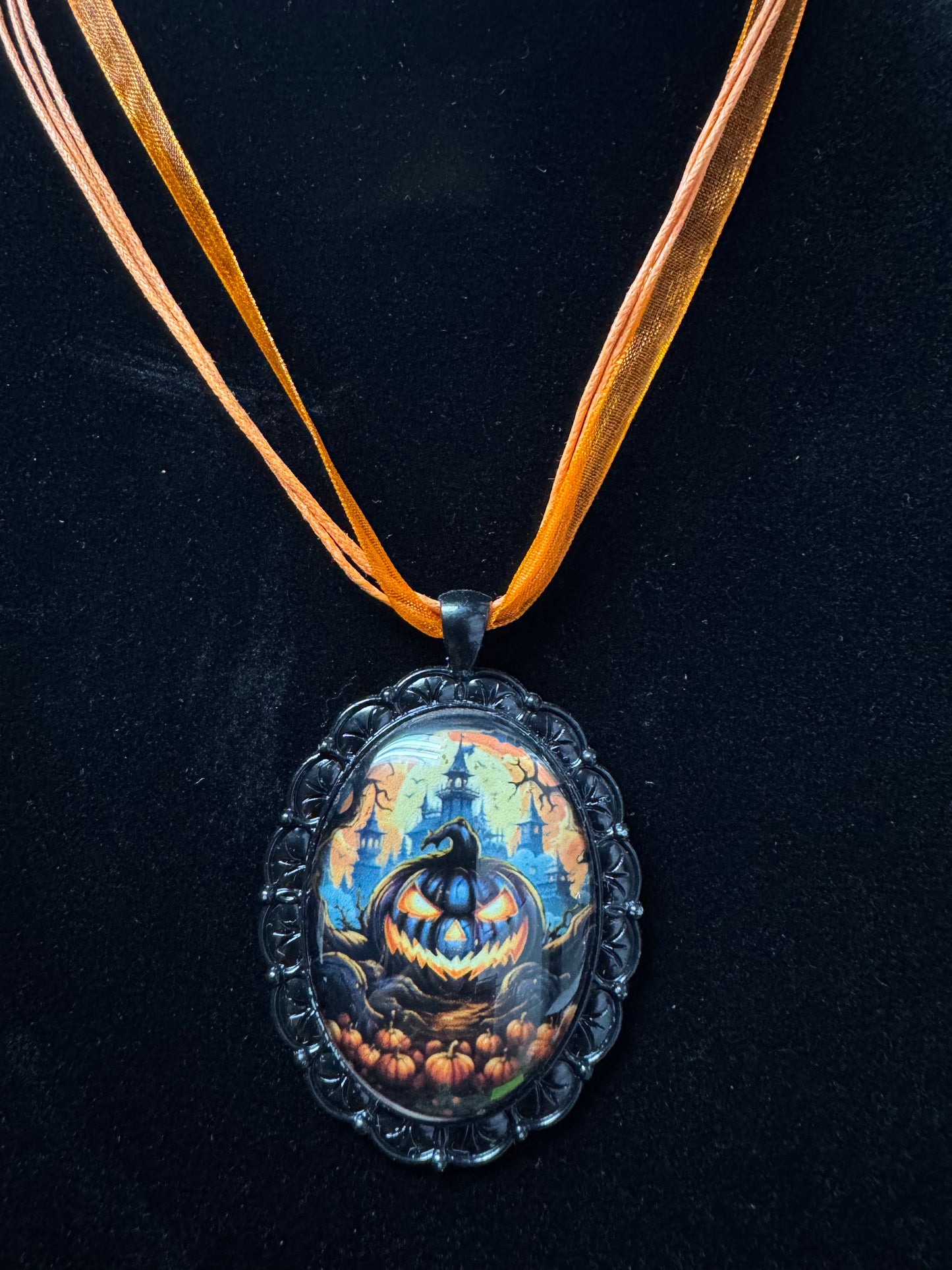 Framed Pumpkin Cabochon Pendant Orange Ribbon Necklace