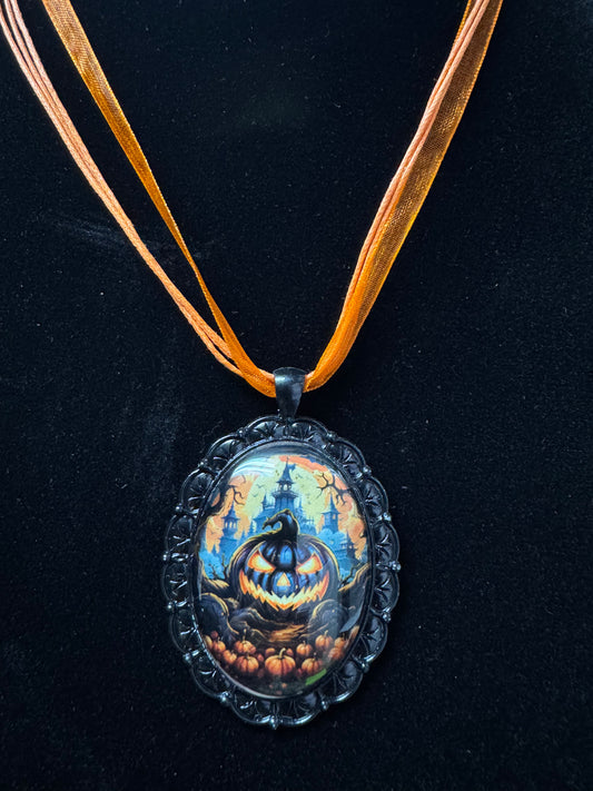 Framed Pumpkin Cabochon Pendant Orange Ribbon Necklace