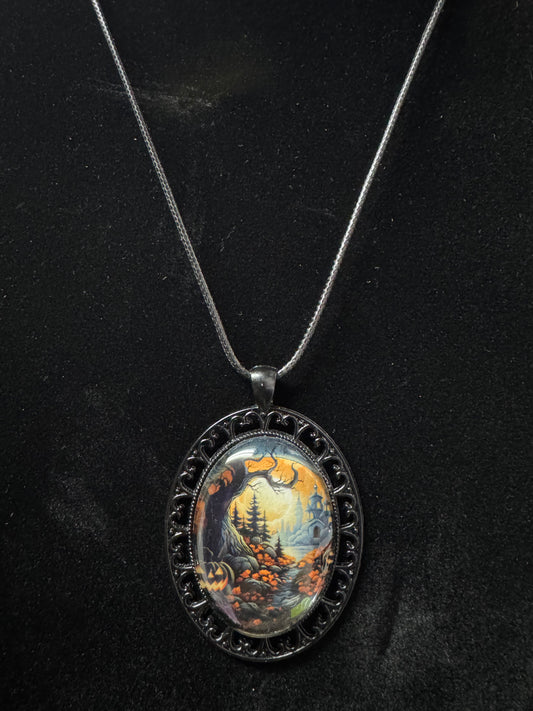 Framed Halloween Scene Cabochon Pendant Necklace