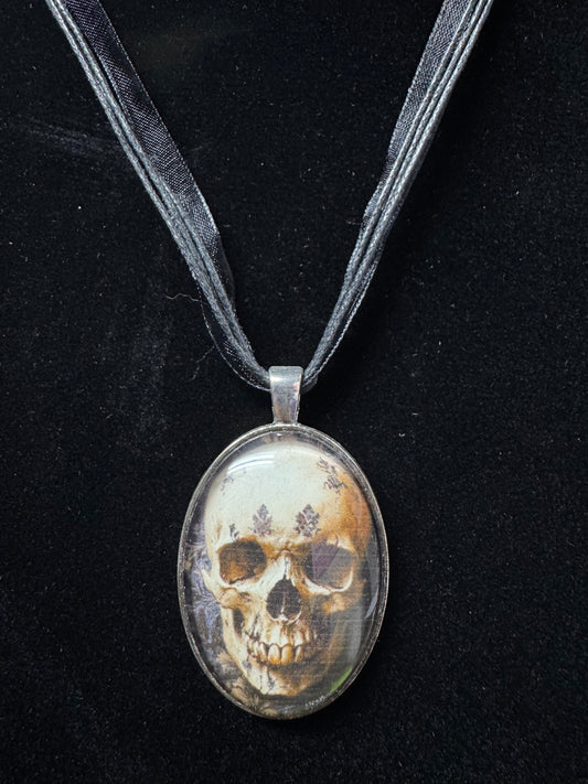 Skull Cabochon Pendant Ribbon Necklace
