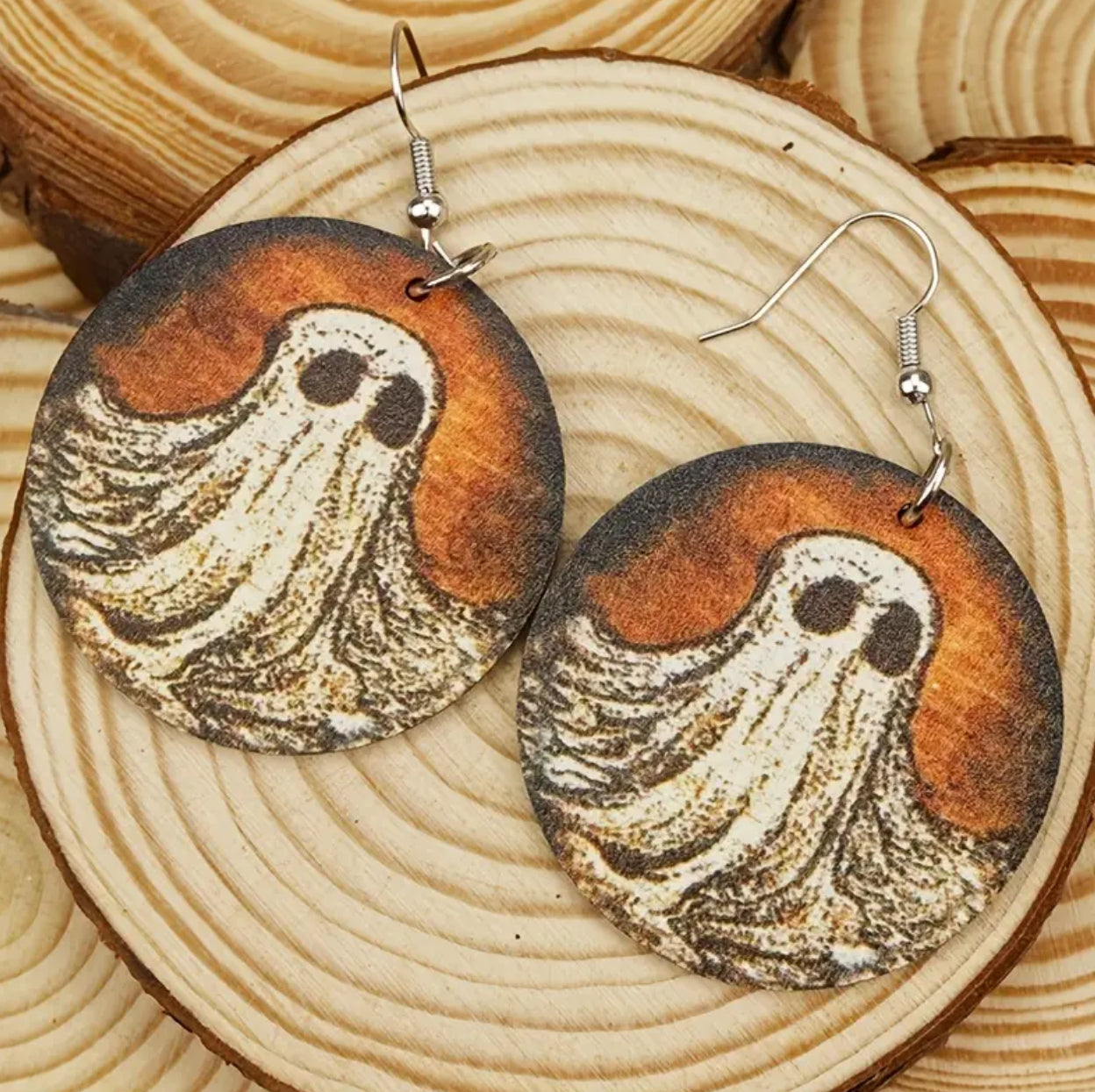 Vintage-style Wooden Ghost Earrings