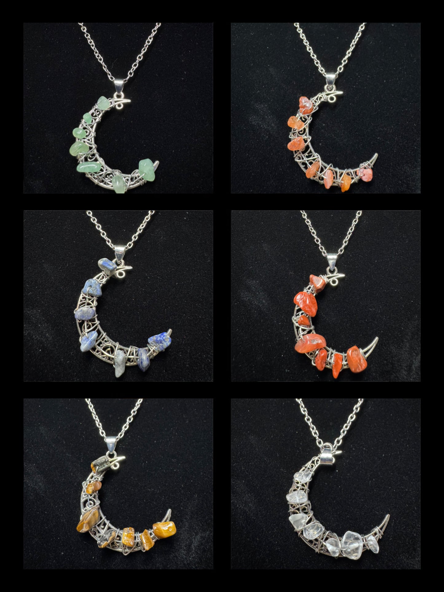 Natural Stone Chips Moon Necklaces- Multiple Stone Options
