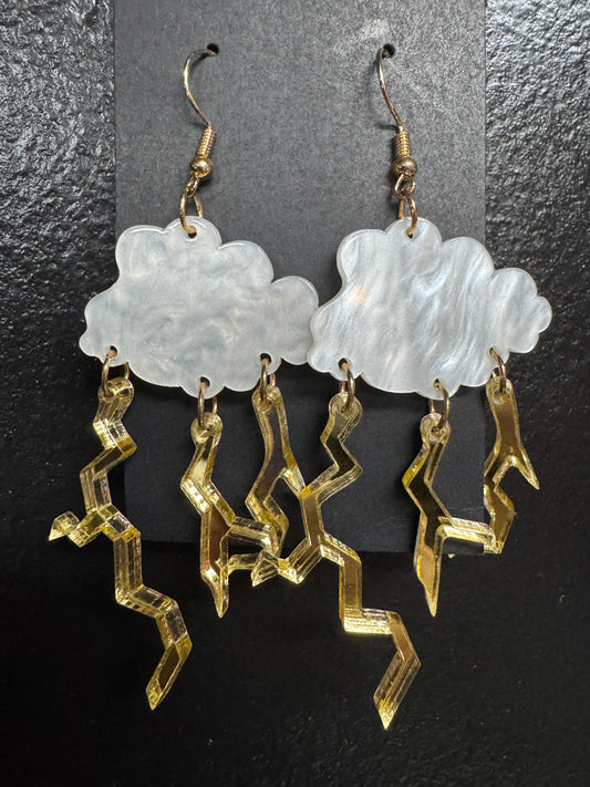 White & Gold Cloud/Lightening Earrings