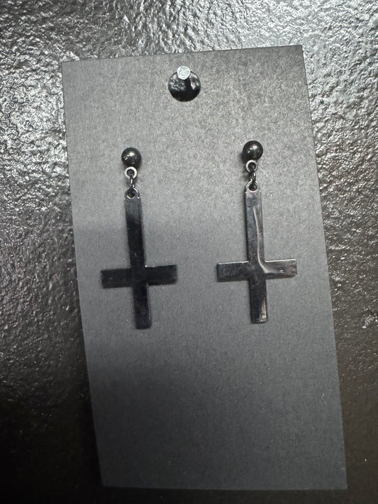 Stainless Steel Black Inverted Cross Earrings