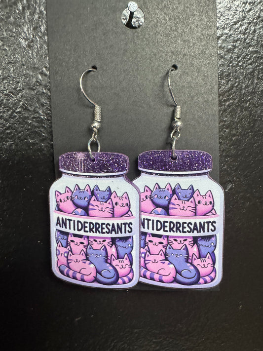 Anti Depressant Cat Purple Jar Earrings