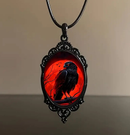 Gothic Framed Raven Glass Pendant