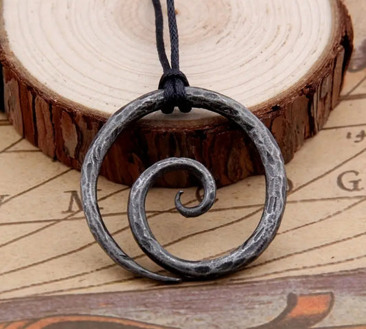 Nordic Spiral Metal Necklace — Faux Leather Cord