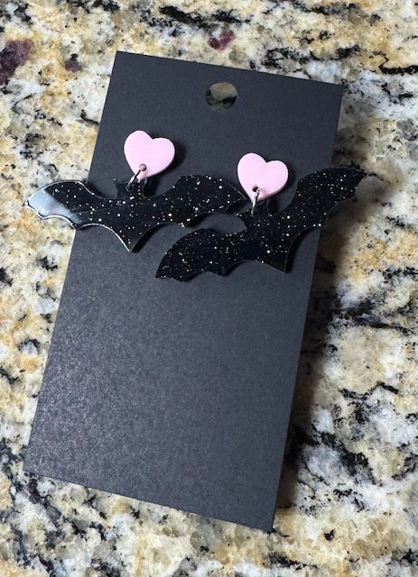 Pink Heart Bat Earrings