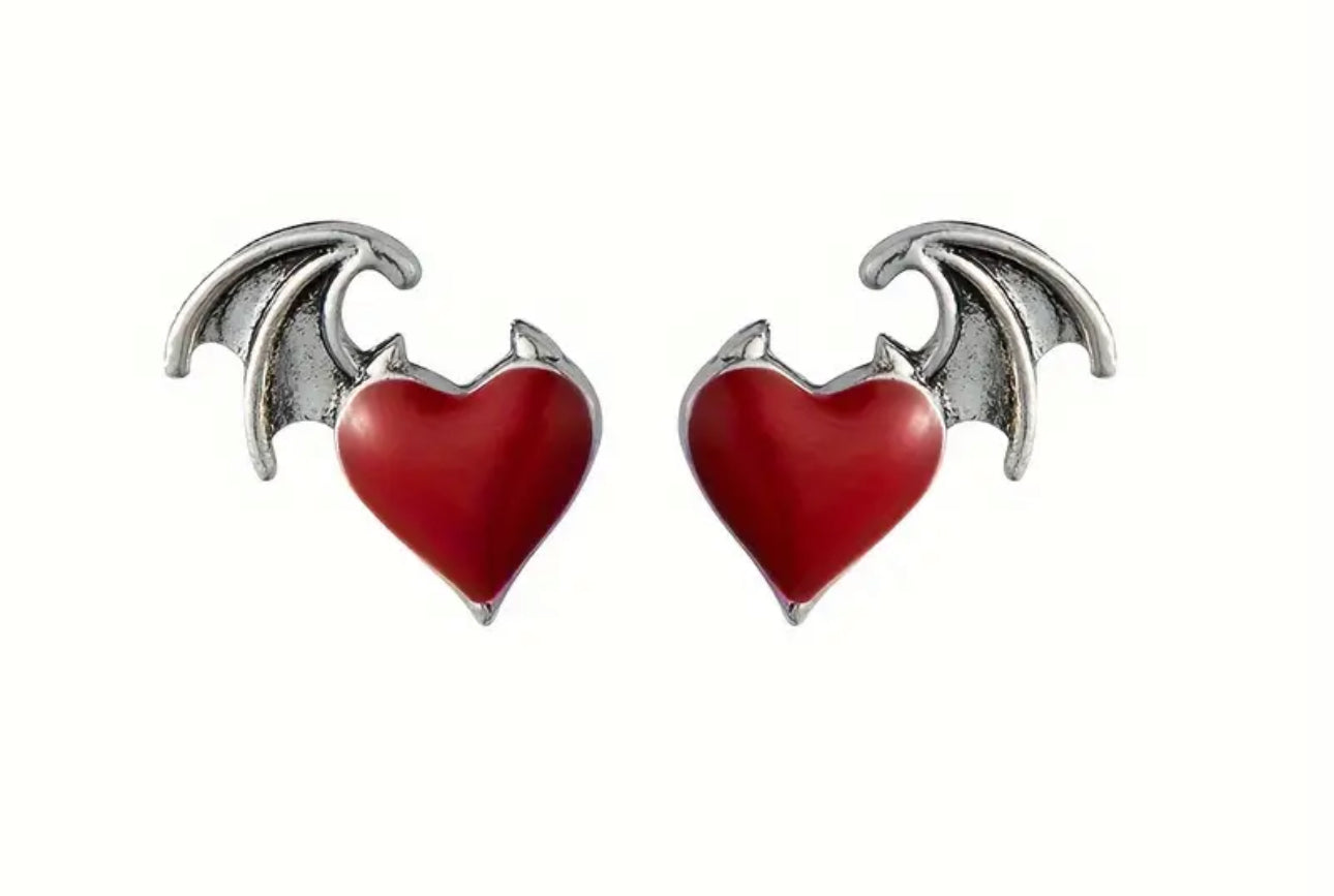 Devil Wing Heart Stud Earrings