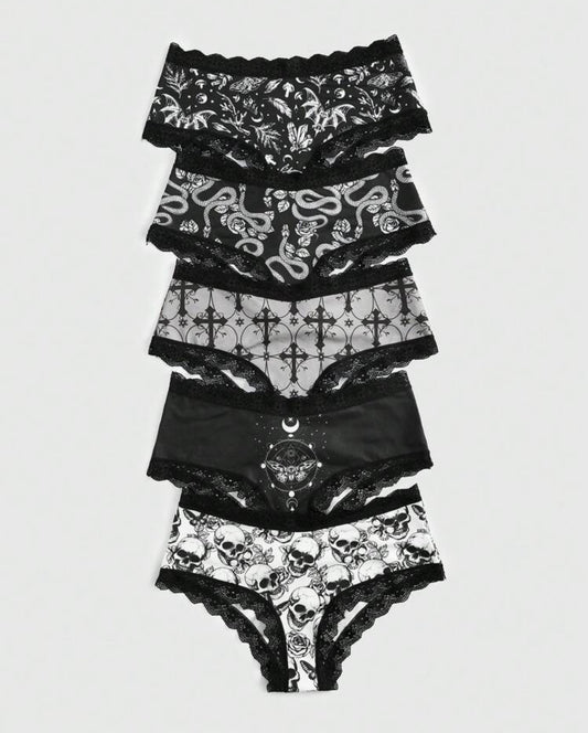 Goth 5-Pack Floral Lace Scallop-Trim Panties