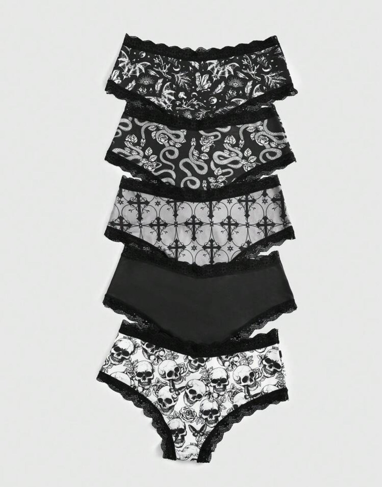 Goth 5-Pack Floral Lace Scallop-Trim Panties