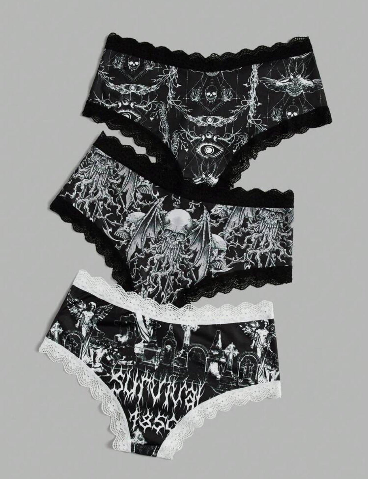 Gothic 3-Pack Skull Contrast Lace Low Rise Panty Set