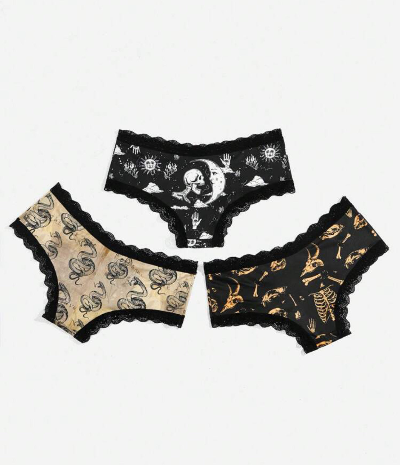 3-Pack Sun and Moon Graphic Contrast Lace Low Rise Panty Set