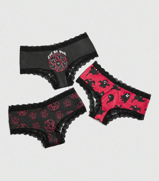 3-Pack Cartoon Graphic Contrast Lace Mid Rise Panty Set