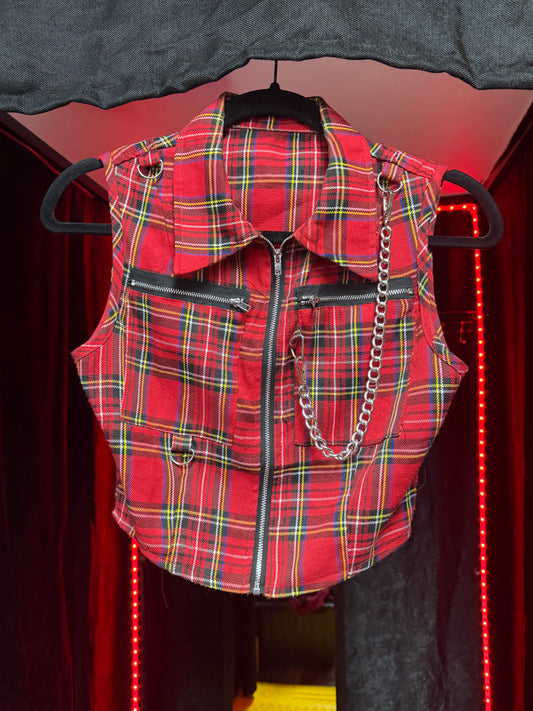 Red Plaid Punk Zip-Up Chain Vest - XS/S